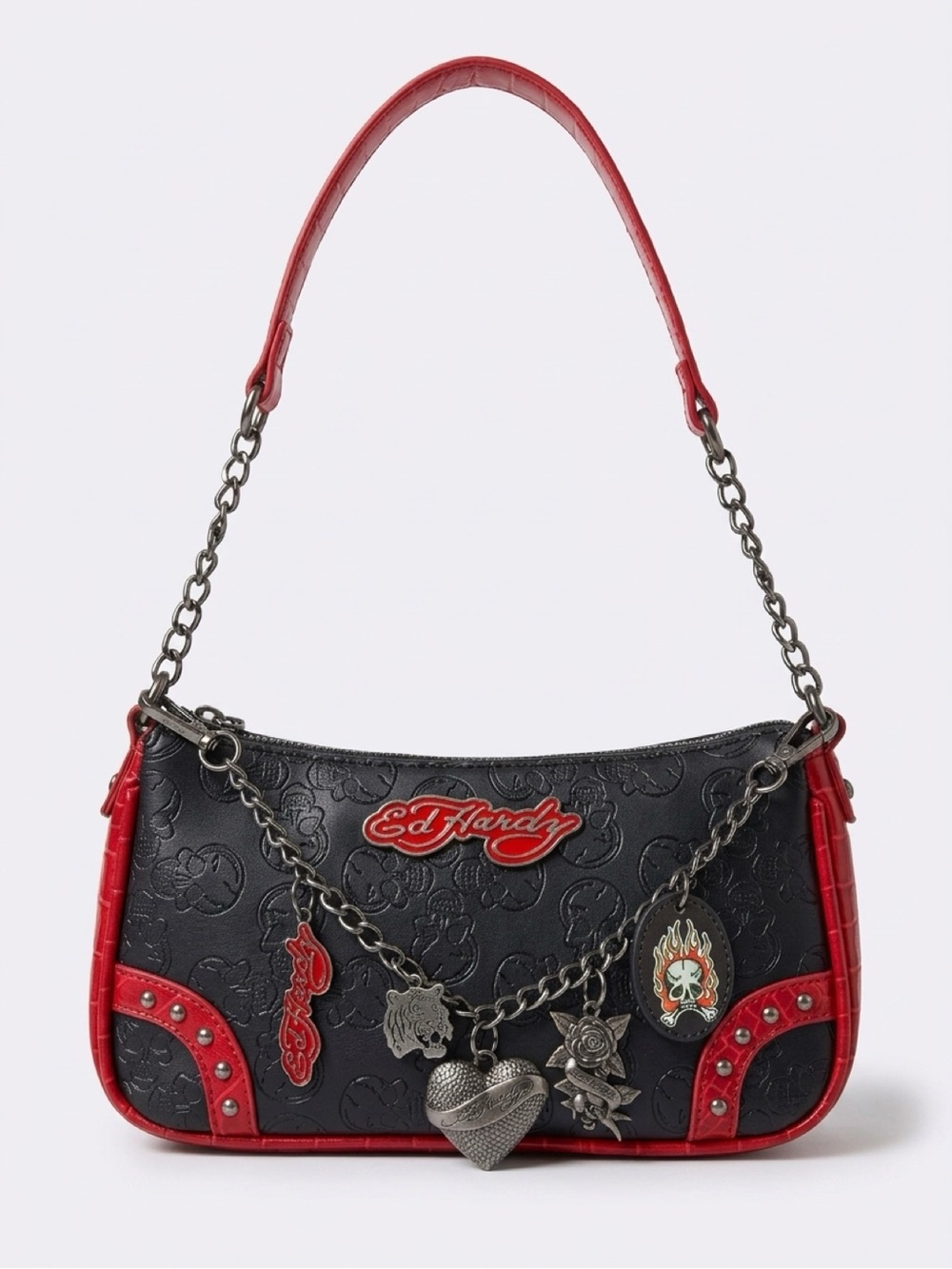 Ed Hardy Black and Red Embossed Shoulder & crossbody with Charm Chain Accents